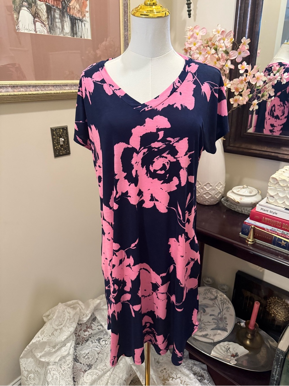 Navy & Hot Pink Floral V-Neck Mini Dress